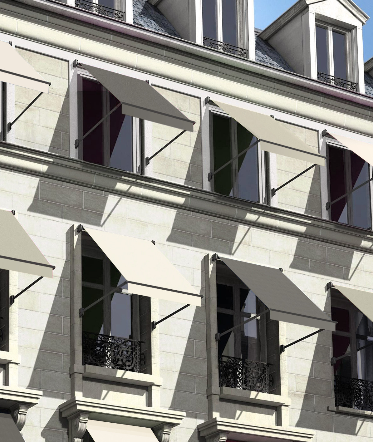 Store Banne à Projection 1 Store gris-vert sur immeuble de grand standing